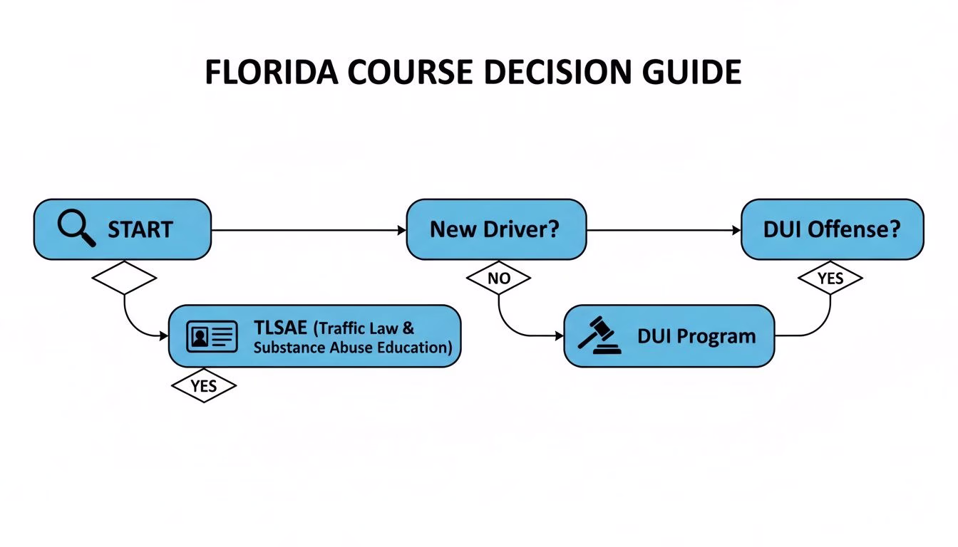 A Florida course decision guide flowchart outlining choices for new drivers and DUI offenses.