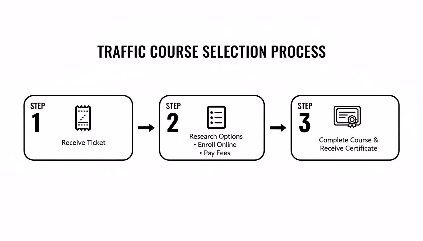 Infographic outlining the 3-step traffic course selection process from ticket to certificate.
