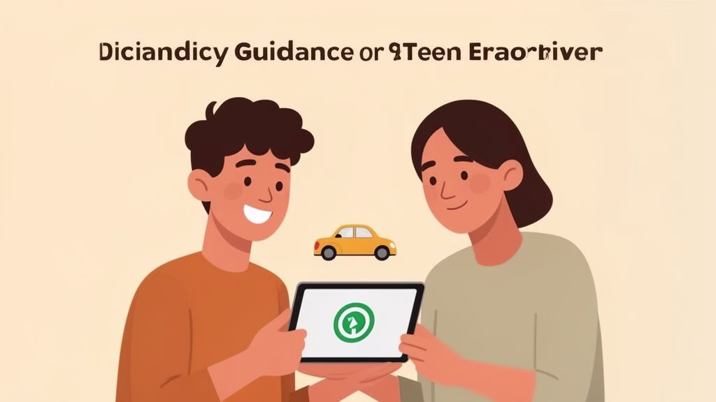 Two smiling young people looking at a tablet with a green icon, a yellow car floating above.