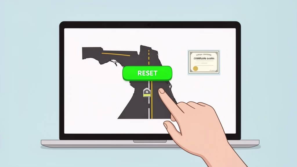 A hand interacts with a laptop screen displaying a Florida map designed as a road and a 'RESET' button.