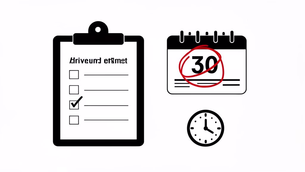 A black and white illustration showing a clipboard with a checklist, a calendar with '30' circled, and a clock, symbolizing task management and deadlines.