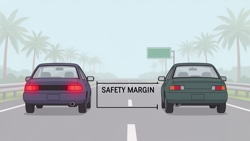 Two cars on a highway maintaining a 'SAFETY MARGIN' for safe driving, with palm trees.