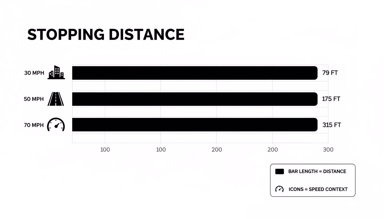 Bar chart illustrating car stopping distances at 30, 50, and 70 MPH.