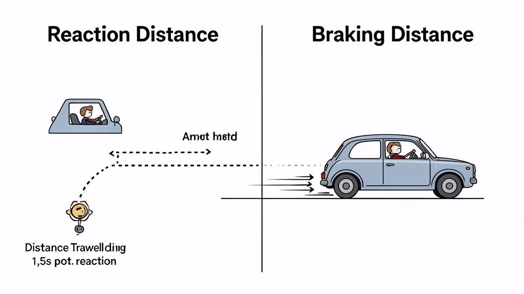 Diagram showing a car's reaction distance and braking distance, essential components of total stopping distance.