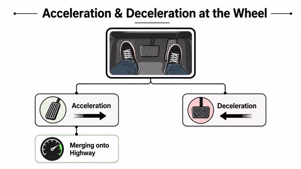 A diagram illustrating car pedal usage for acceleration and deceleration while driving, showing foot positions.