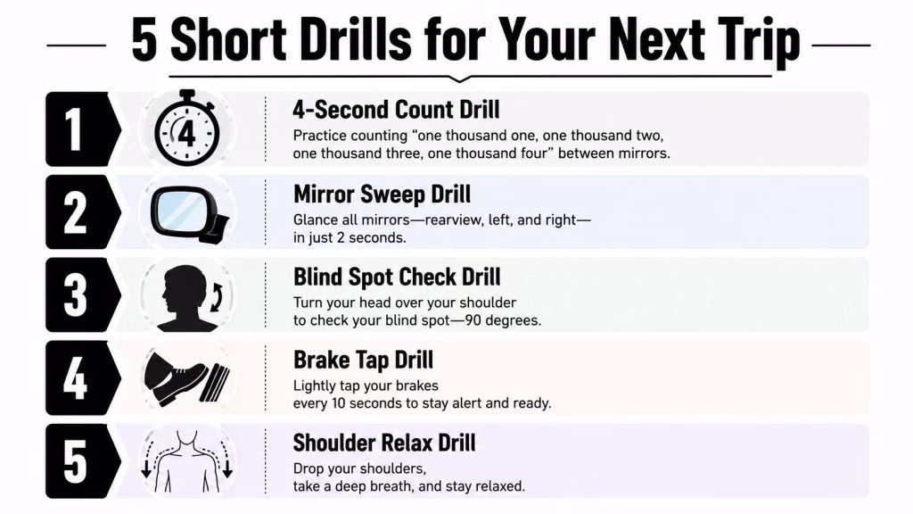 An infographic titled 5 Short Drills for Your Next Trip, listing five safe driving exercises with icons.