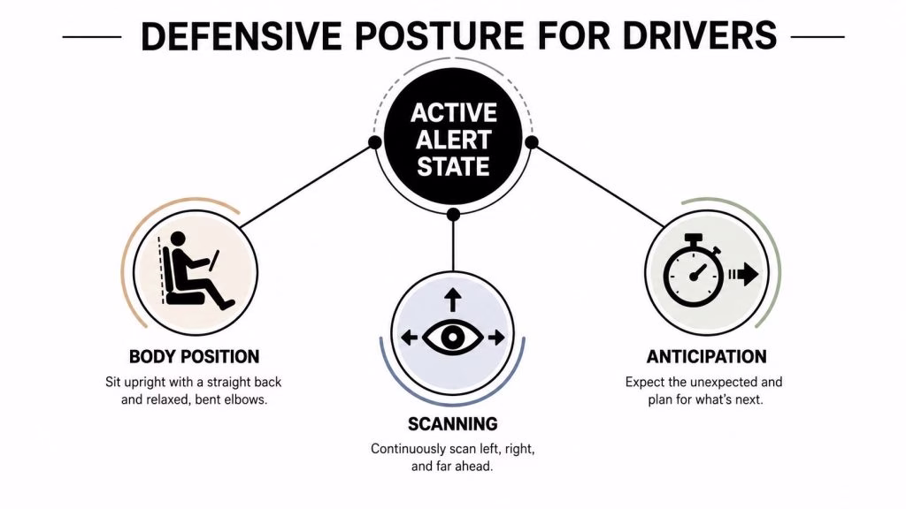 A diagram illustrating defensive driving posture, highlighting active alert state, body position, scanning, and anticipation techniques.