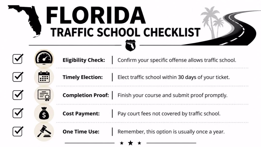 A checklist for Florida drivers explaining the requirements for electing to attend traffic school for tickets.