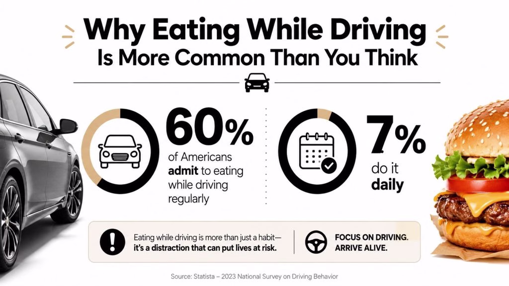 An infographic showing that 60% of Americans eat while driving, with 7% doing so on a daily basis.