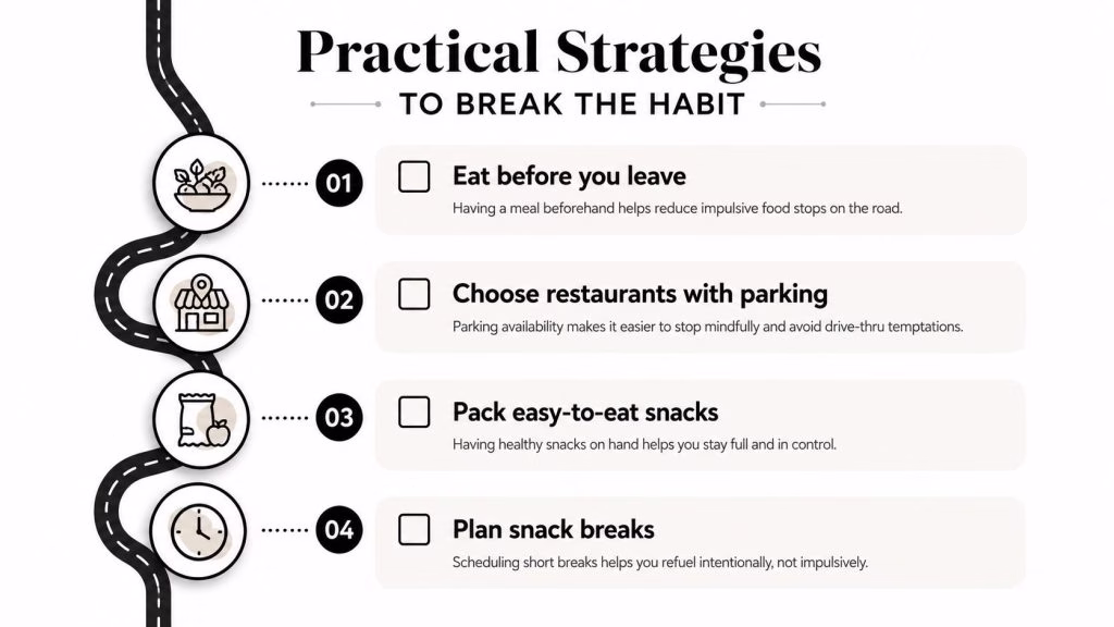 A list of four practical strategies to avoid impulsive eating and unhealthy habits while driving on road trips.