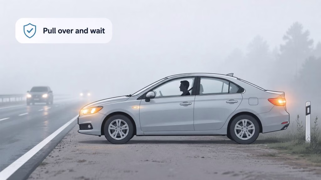 A silver car pulled over to the side of the road in foggy conditions for safety.