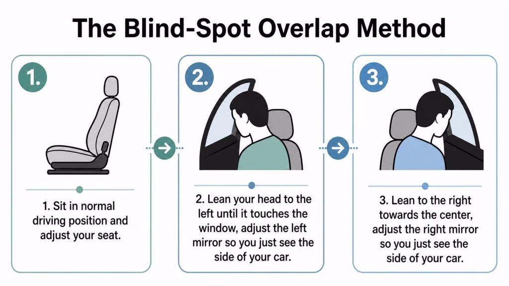 A three-step infographic showing how to properly adjust car mirrors to eliminate vehicle blind spots.