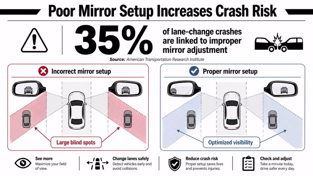 An infographic comparing incorrect and proper car mirror setups to reduce the risk of lane-change crashes.