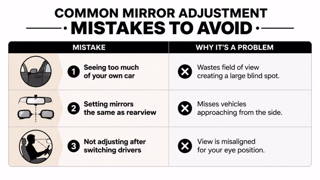 An infographic showing three common car mirror adjustment mistakes and the problems they cause for drivers.