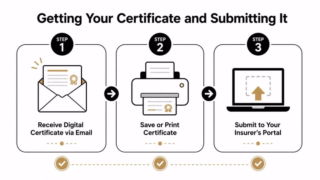 A three-step infographic showing how to receive, save or print, and submit a digital certificate online.