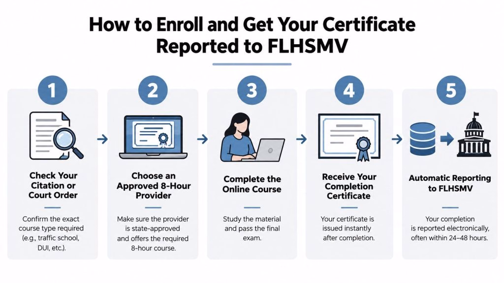 A five-step infographic showing how to enroll in and report a Florida traffic school completion certificate.