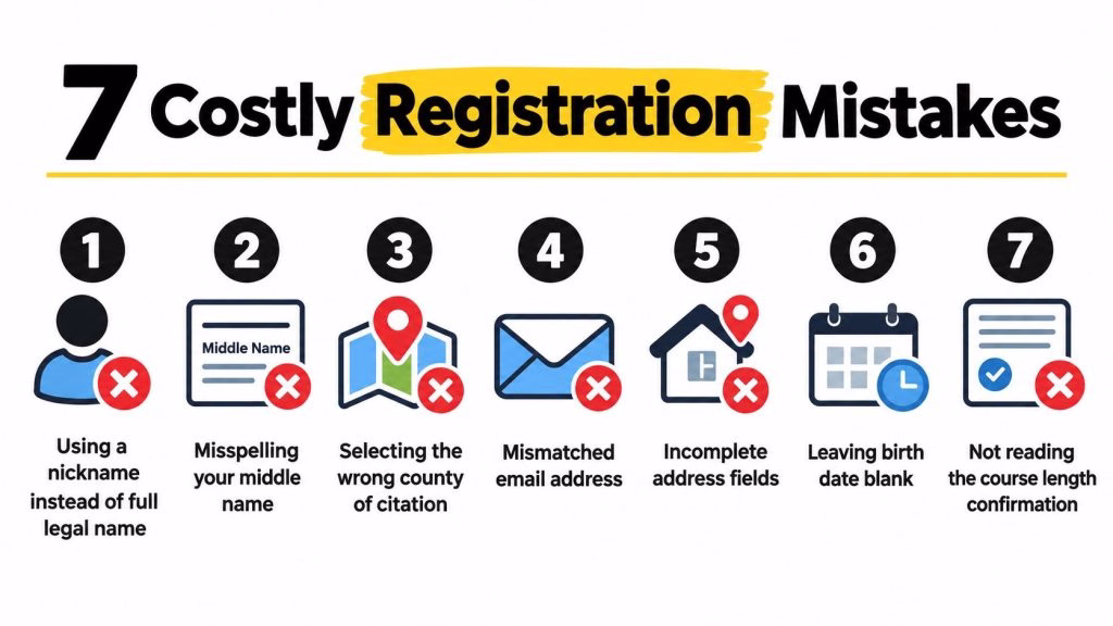 An infographic titled 7 Costly Registration Mistakes, illustrating errors to avoid when completing online traffic school registration forms.