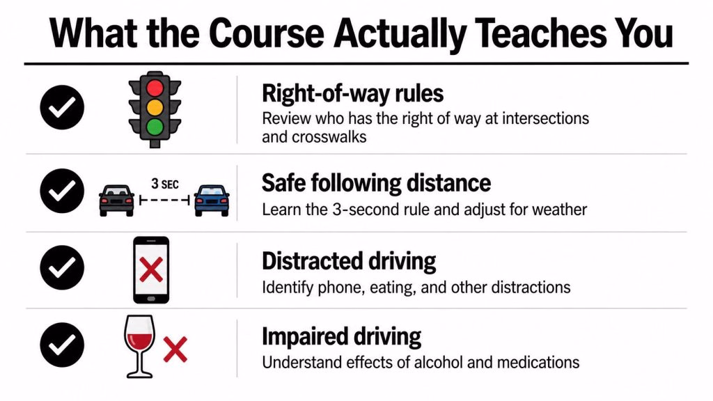 An infographic detailing the four key safety topics covered in a mature driver refresher course.