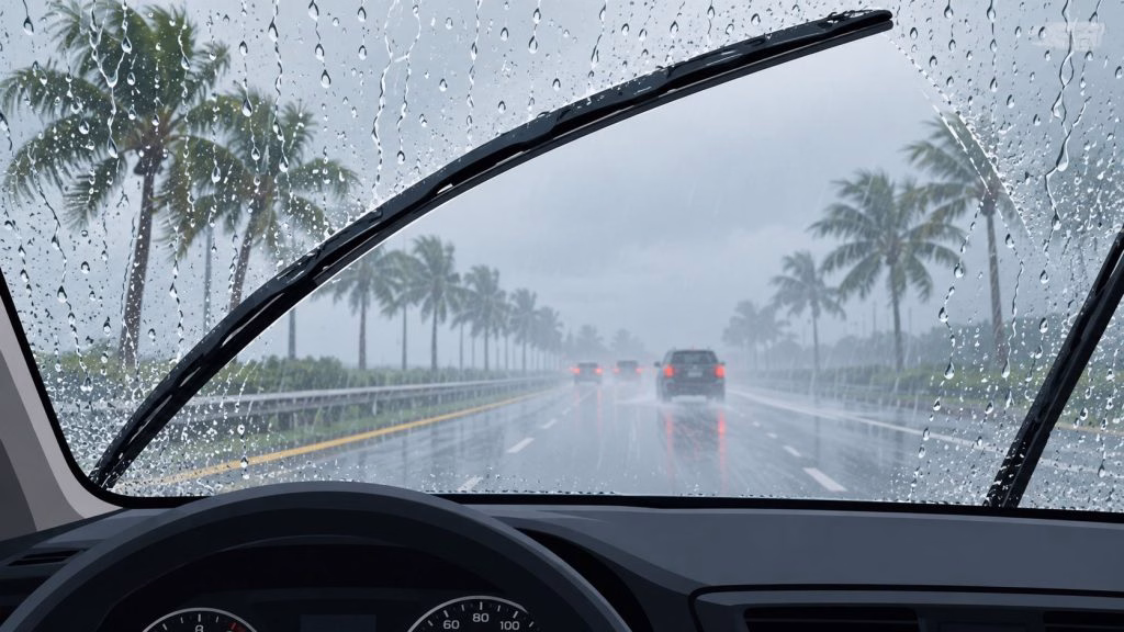 A view from inside a car driving on a highway during heavy rain with wipers clearing windshield.