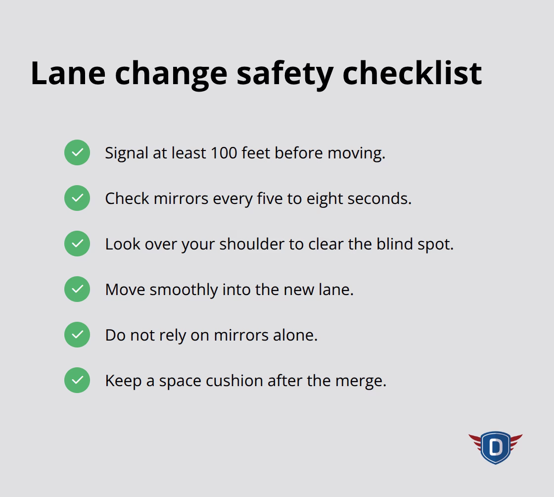 Checklist for safe lane changes including signaling, mirror checks, and blind spot checks
