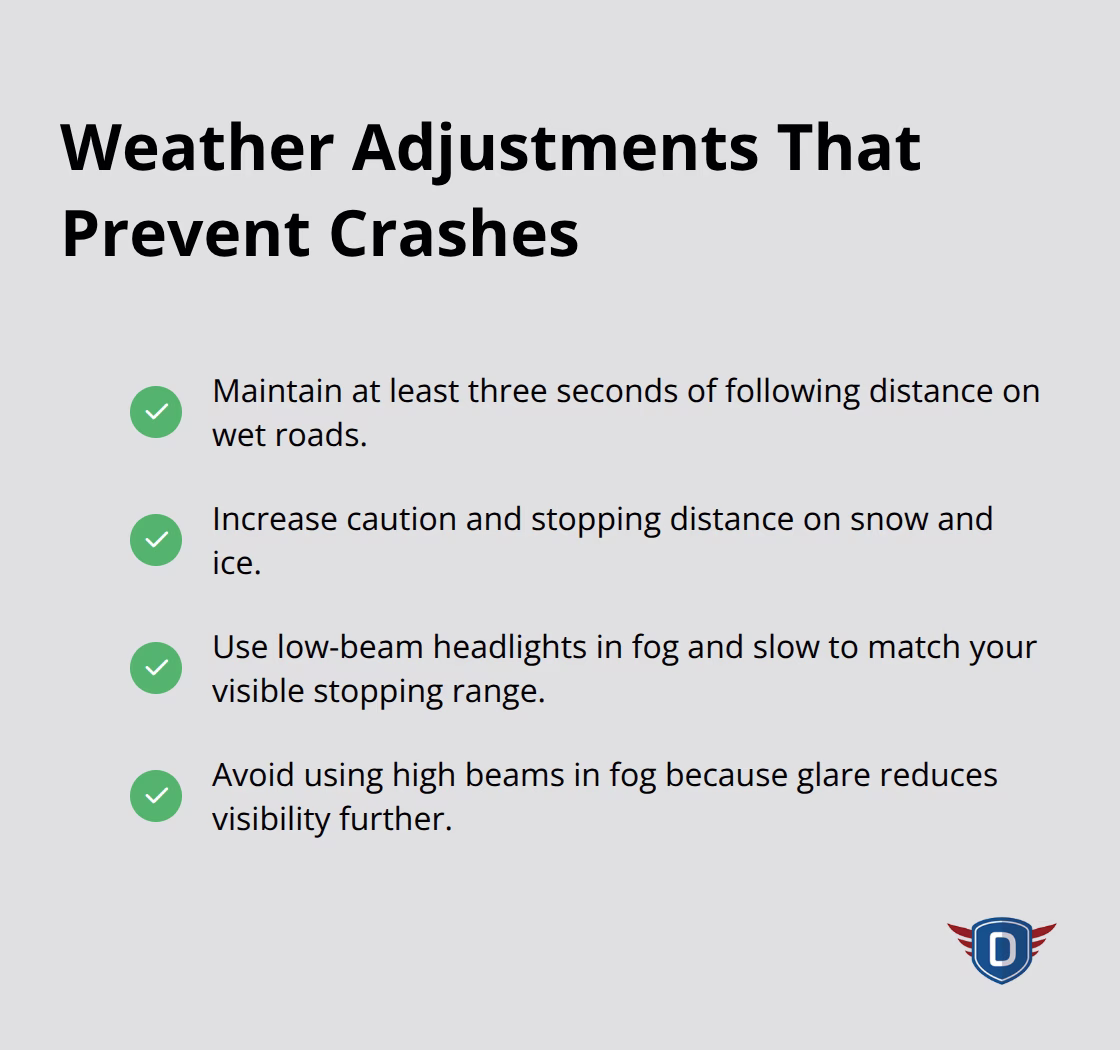 Key weather-based driving adjustments to maintain safety in rain, snow/ice, and fog - advanced defensive driving techniques