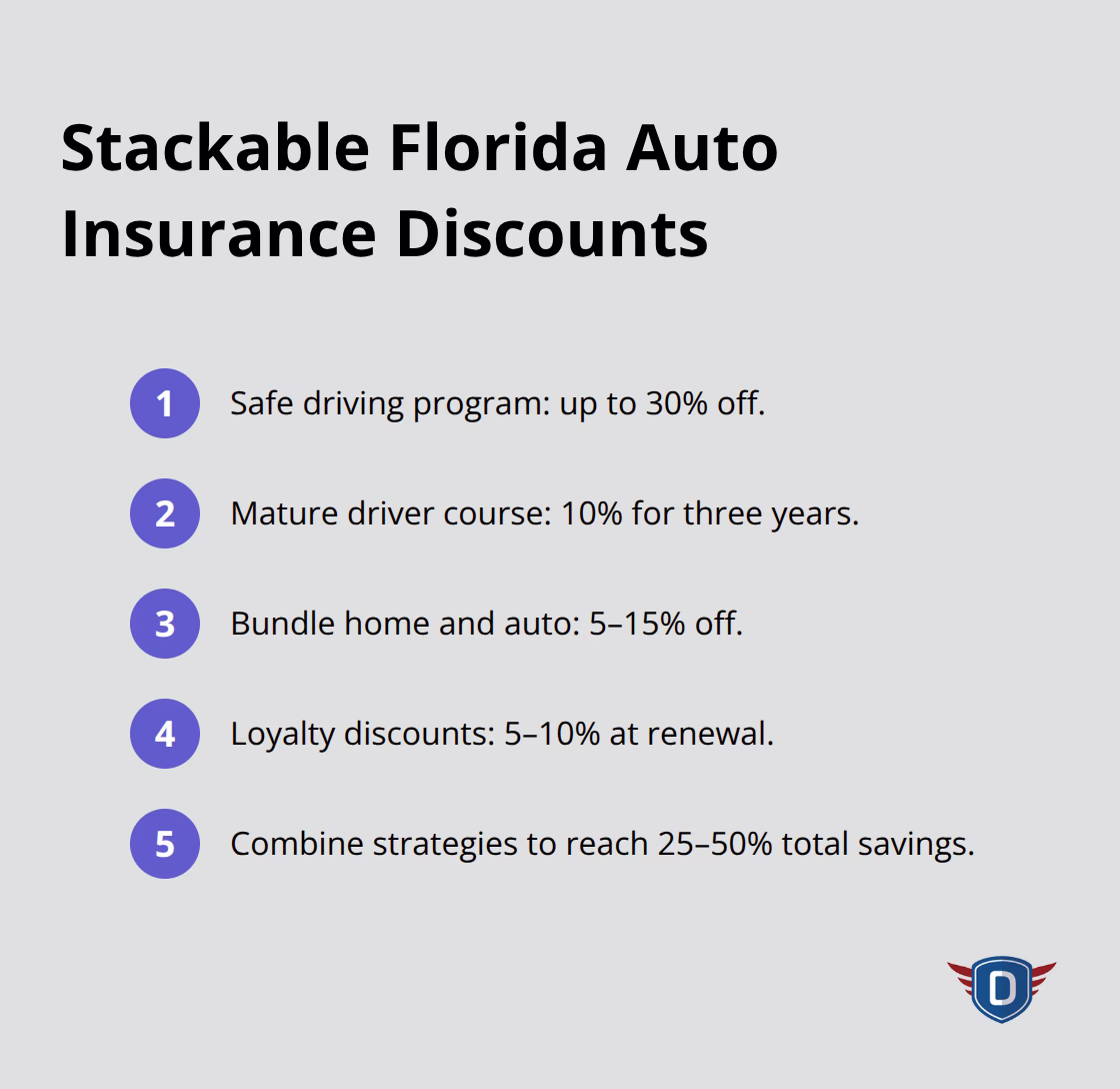 Compact list of stackable discounts and typical savings ranges for Florida drivers