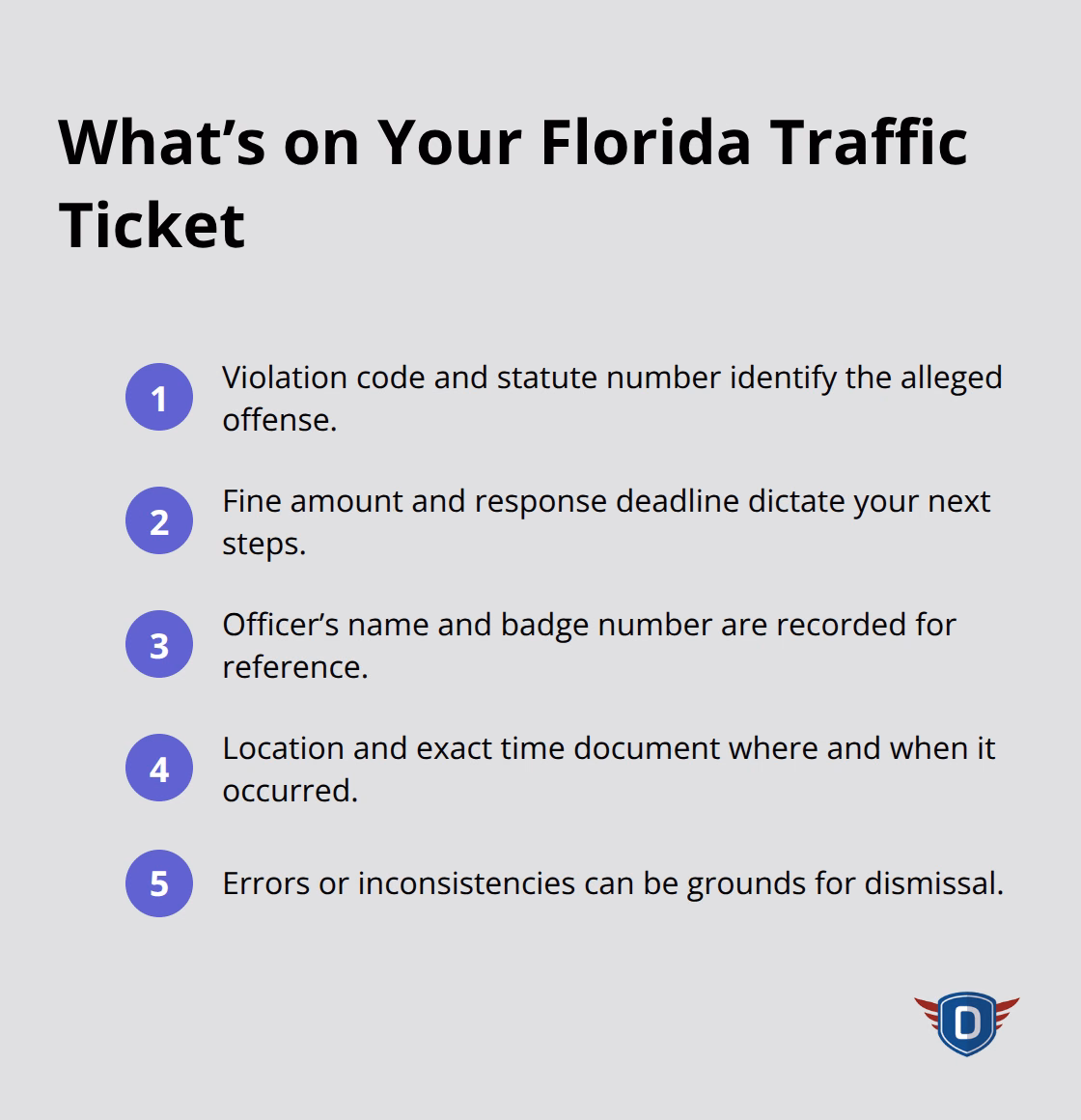 Key data fields that appear on a Florida traffic citation