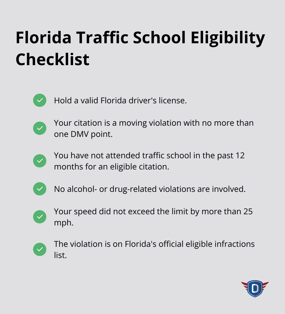 Checklist of Florida traffic school eligibility requirements
