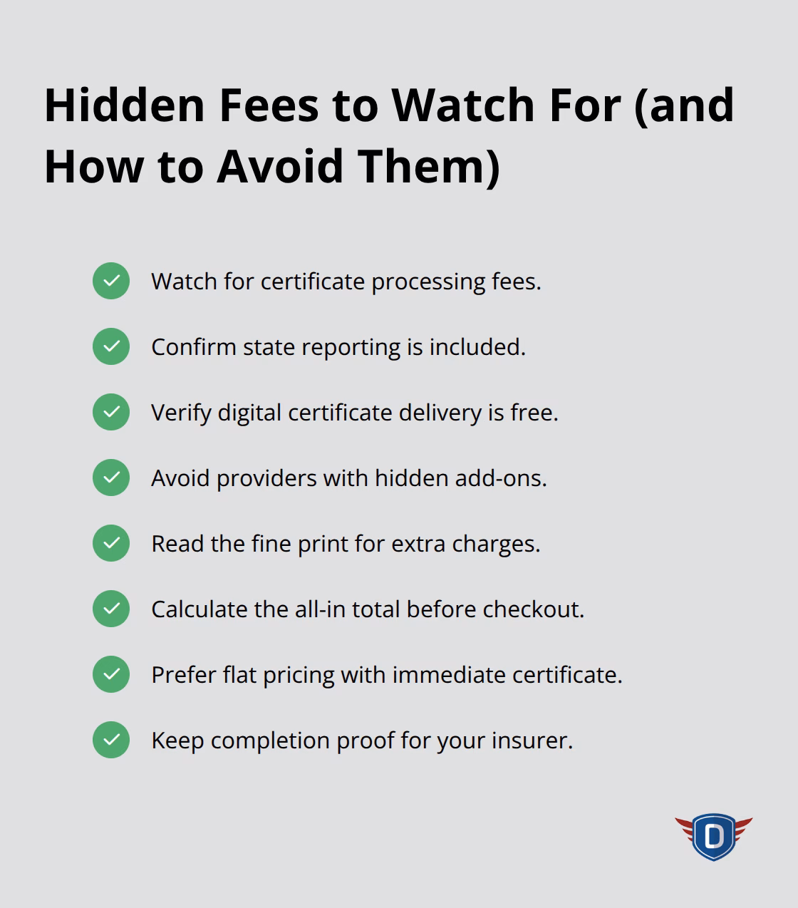Checklist of common hidden costs and money-saving steps for defensive driving courses
