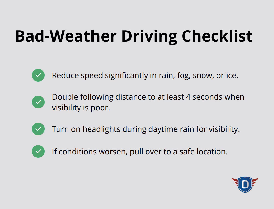 Checklist of essential actions for safe driving in bad weather - defensive driving basics