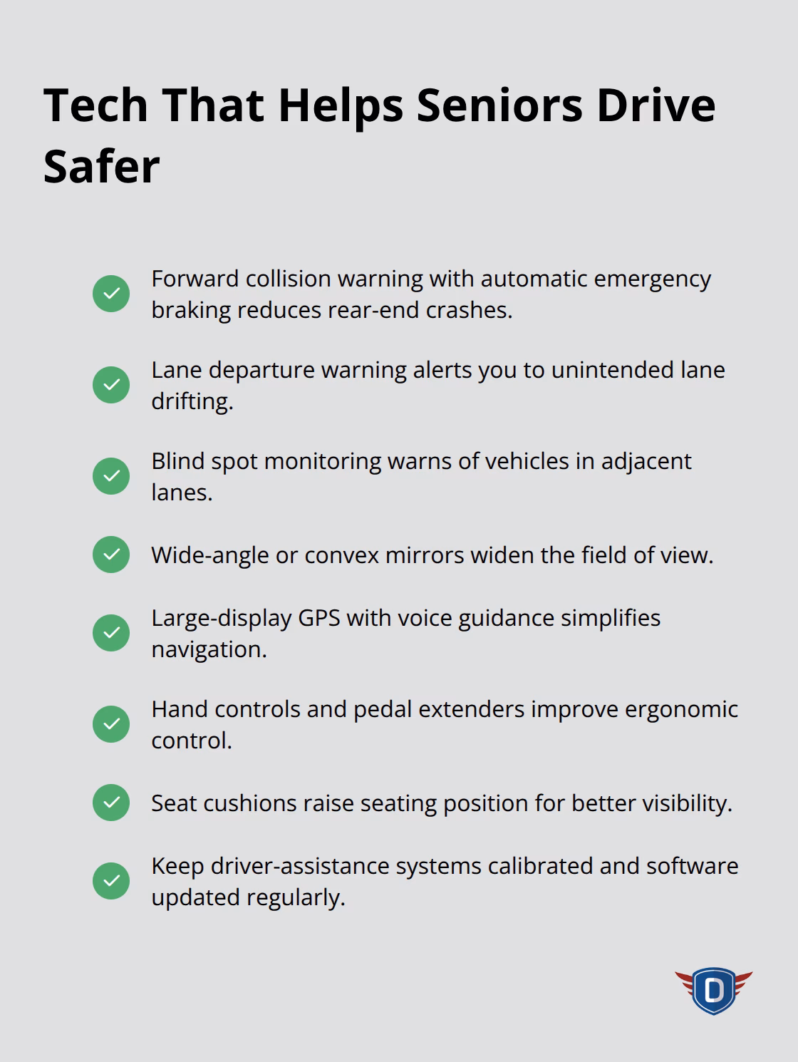 Checklist of vehicle technologies and add-ons that improve senior driving safety - defensive driving for seniors