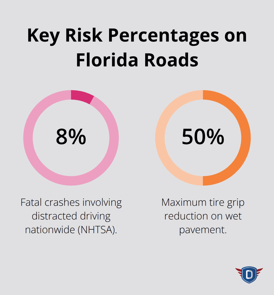 Two key percentages: distracted driving share of fatal crashes and wet pavement grip loss. - Defensive driving techniques Florida