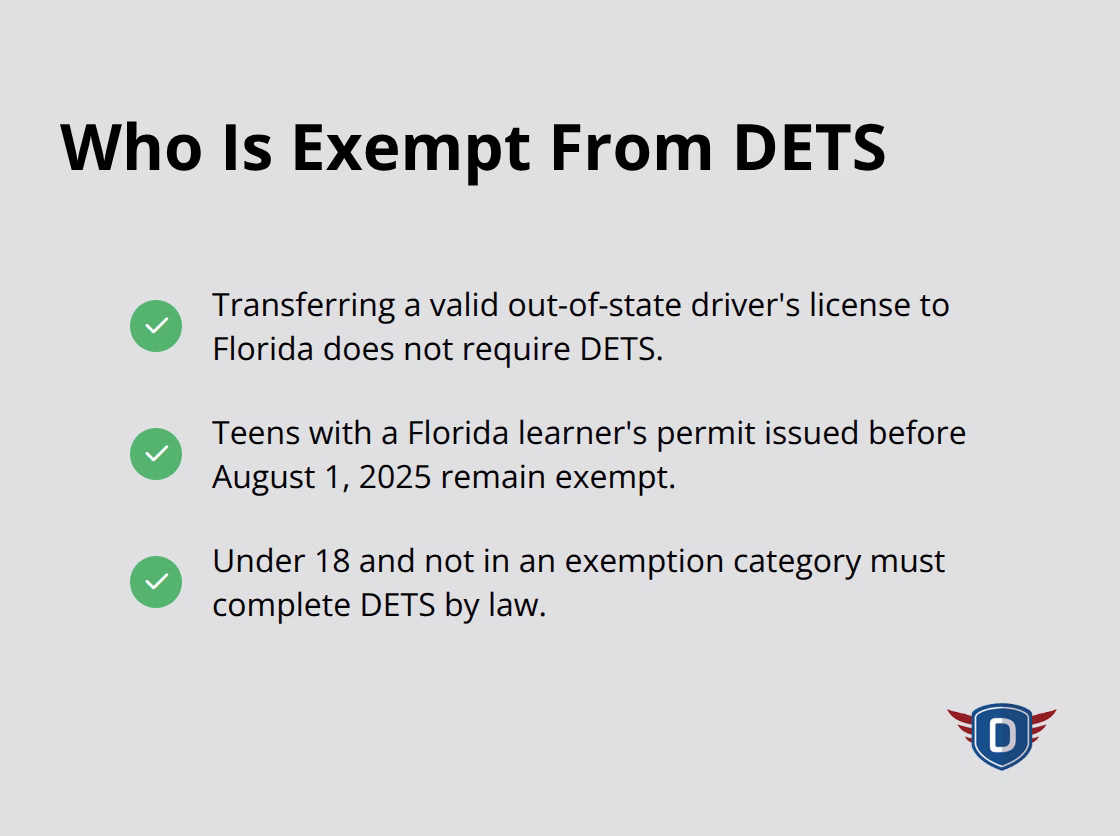 Checkmark list highlighting common DETS exemptions for Florida teen drivers - DETS course overview