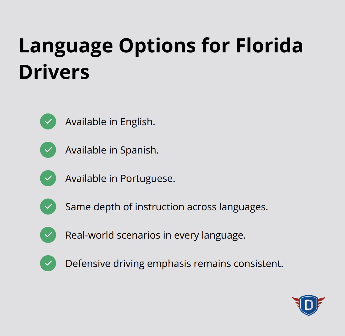 Checkmark list showing English, Spanish, and Portuguese course availability with equal instructional depth. - DETS driver education