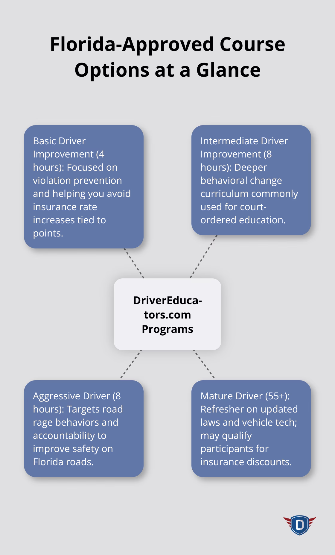 Hub-and-spoke showing floridanewdriver.com programs: BDI, IDI, Aggressive Driver, and Mature Driver. - DETS driver education overview