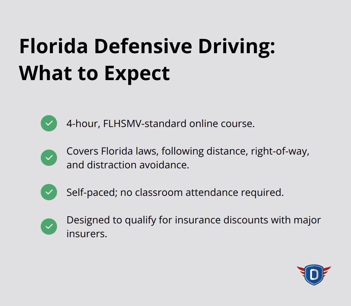 Key features of Florida�s FLHSMV-approved defensive driving course. - discount for defensive driving
