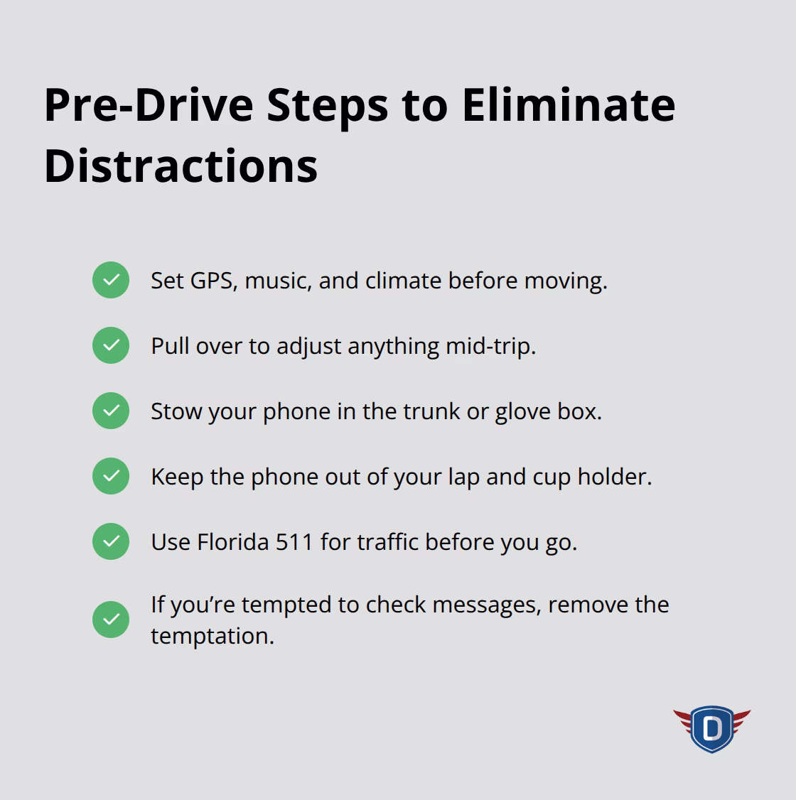 Checklist of actions to remove common driving distractions before starting the car - Distracted driving laws