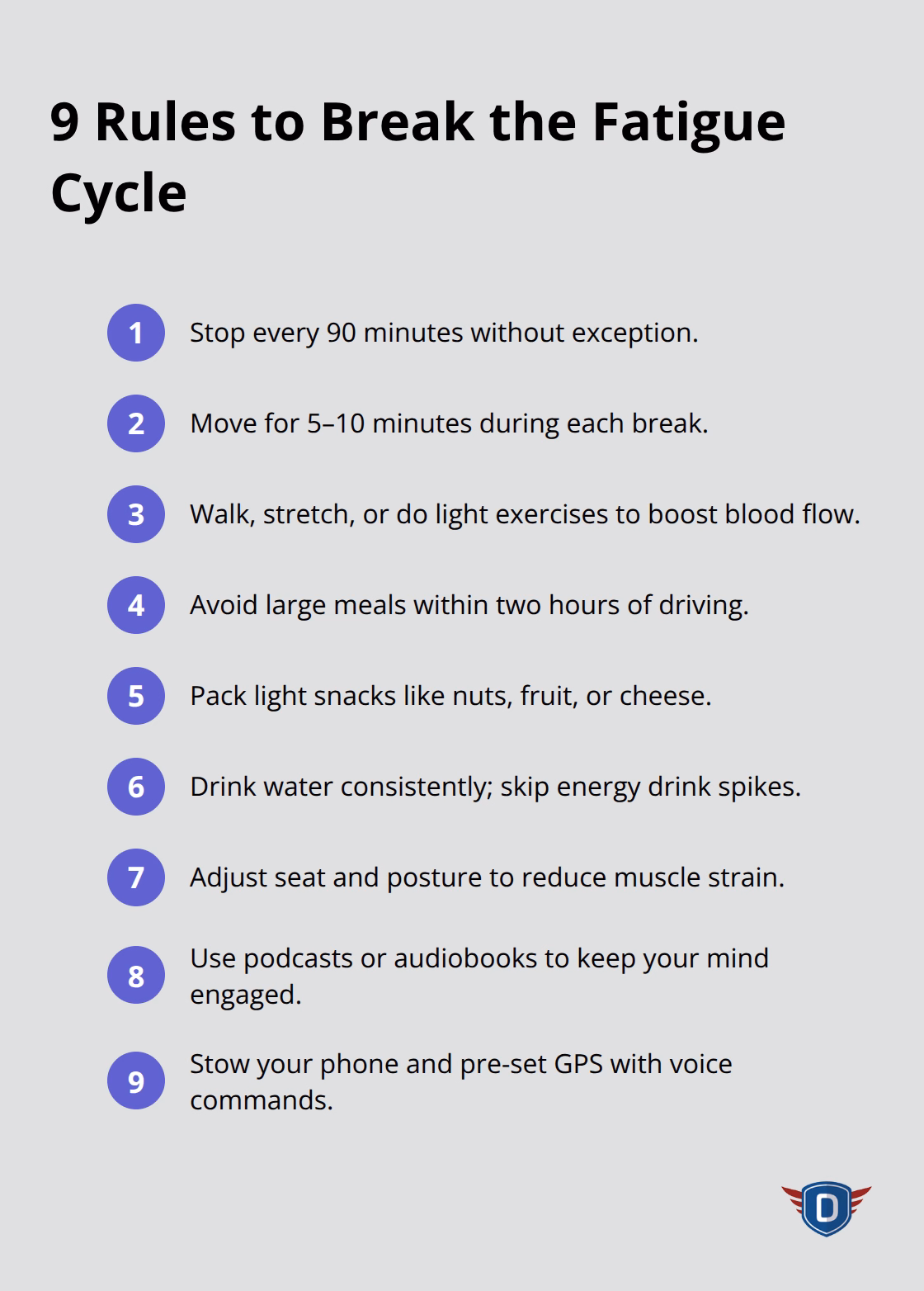 Compact checklist of nine actions to maintain alertness on long drives. - Distraction free driving
