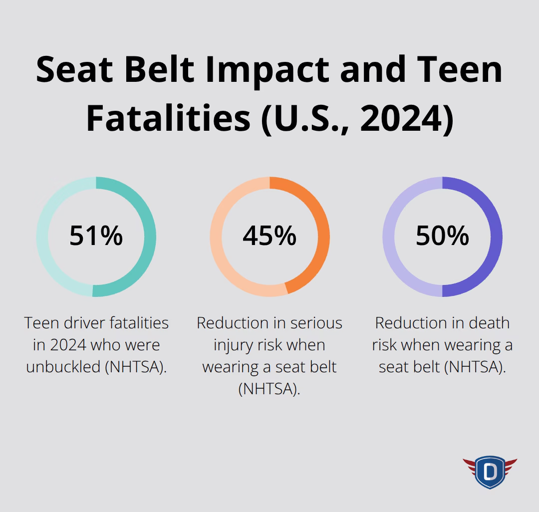 Percentages showing unbuckled teen fatalities and risk reductions from seat belt use. - driver education safety tips