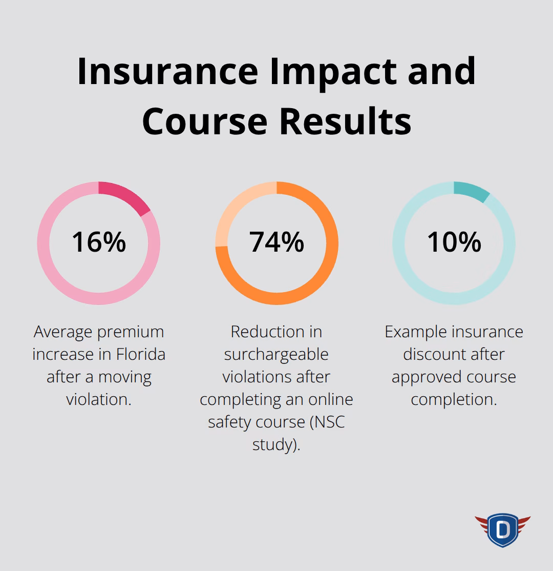 Percentage chart showing insurance increase after a violation, violation reduction after training, and sample discount.