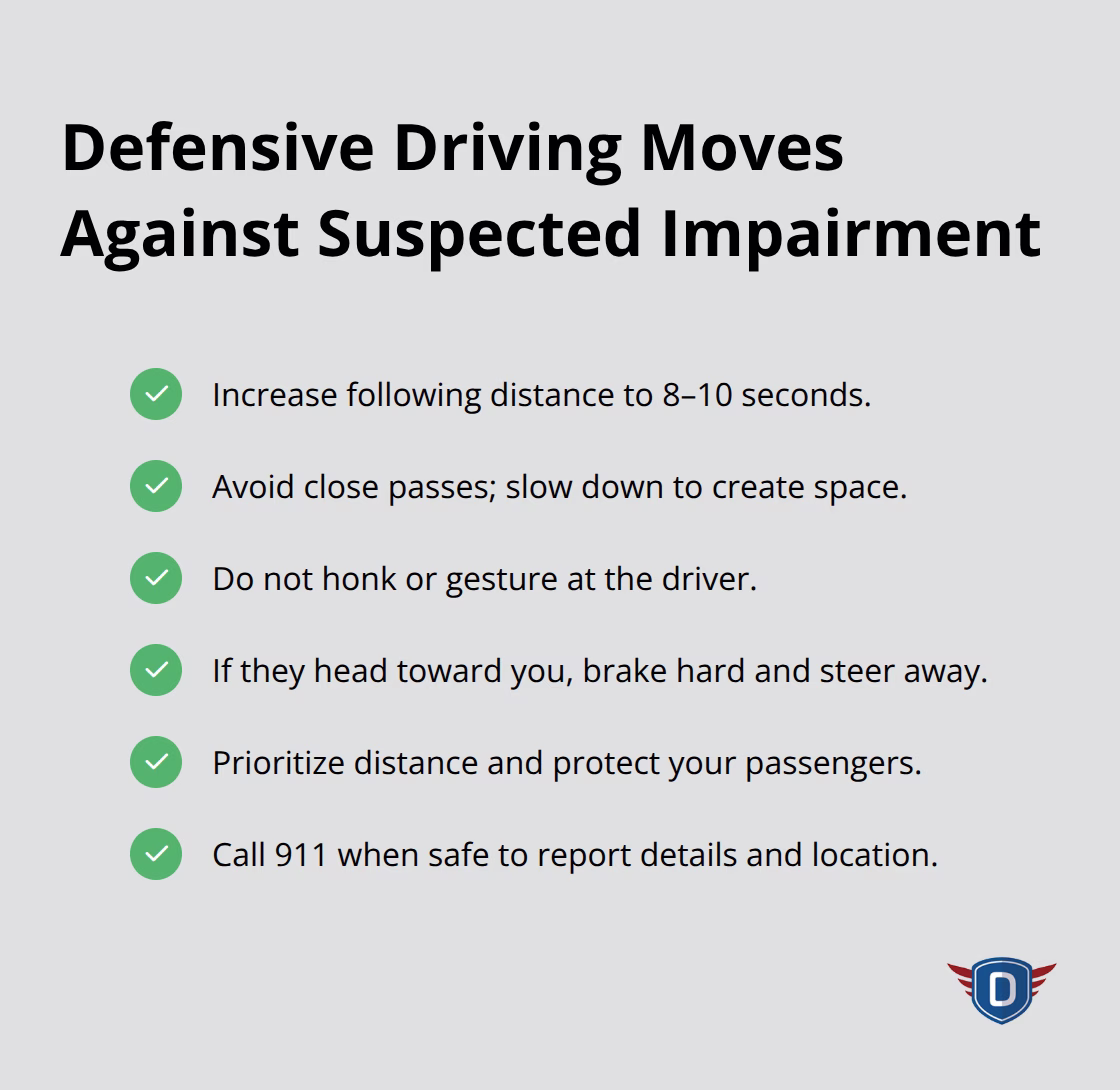 Checklist of defensive driving techniques to stay safe around suspected impaired drivers. - Drug alcohol driving education