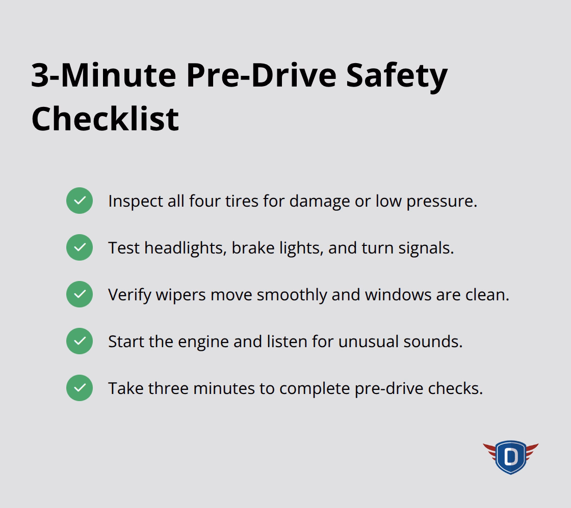 Checklist of quick safety inspections to perform before starting your drive.