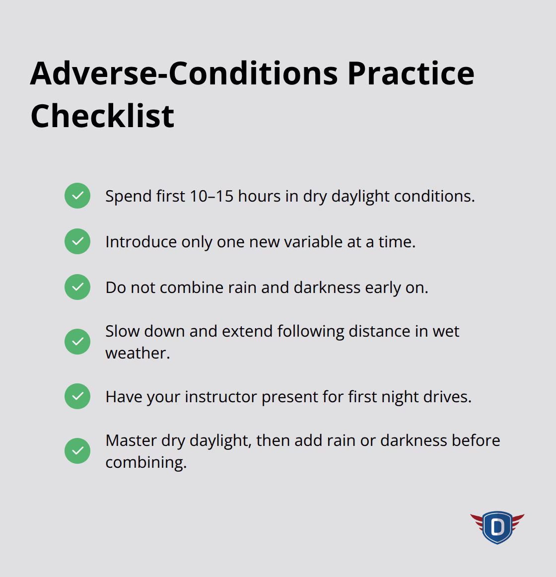 Checklist for learning to drive in rain and darkness safely - First behind wheel practice