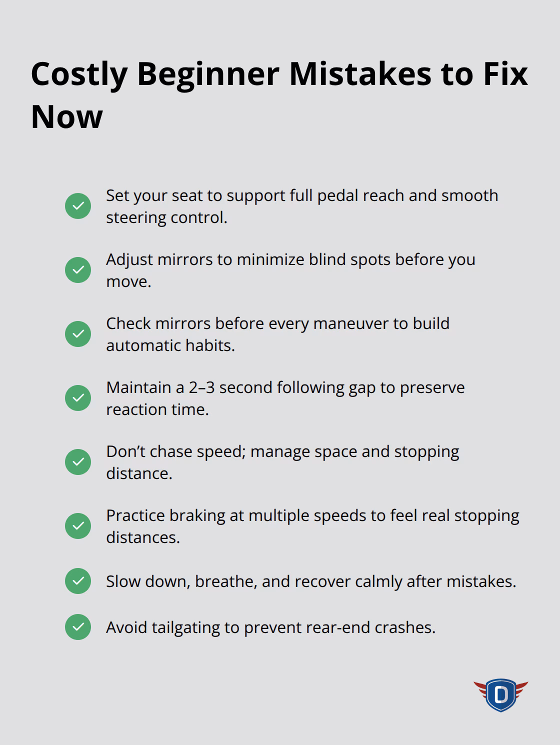 Checklist of preventable errors for new Florida drivers - First driving lessons Florida