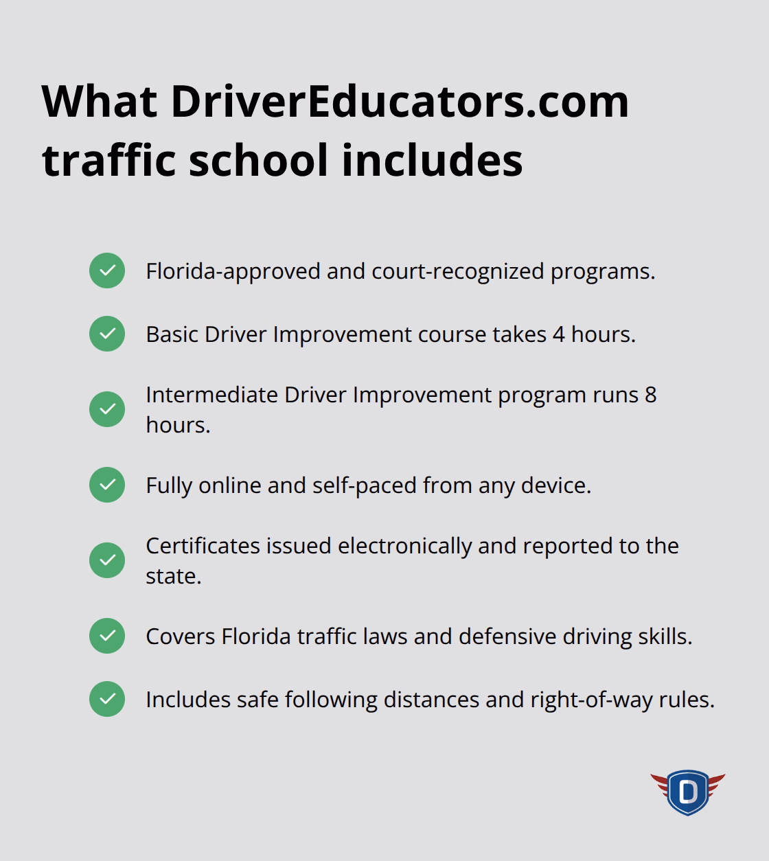 Key features of Florida-approved online traffic school programs from floridanewdriver.com - handling traffic tickets Florida