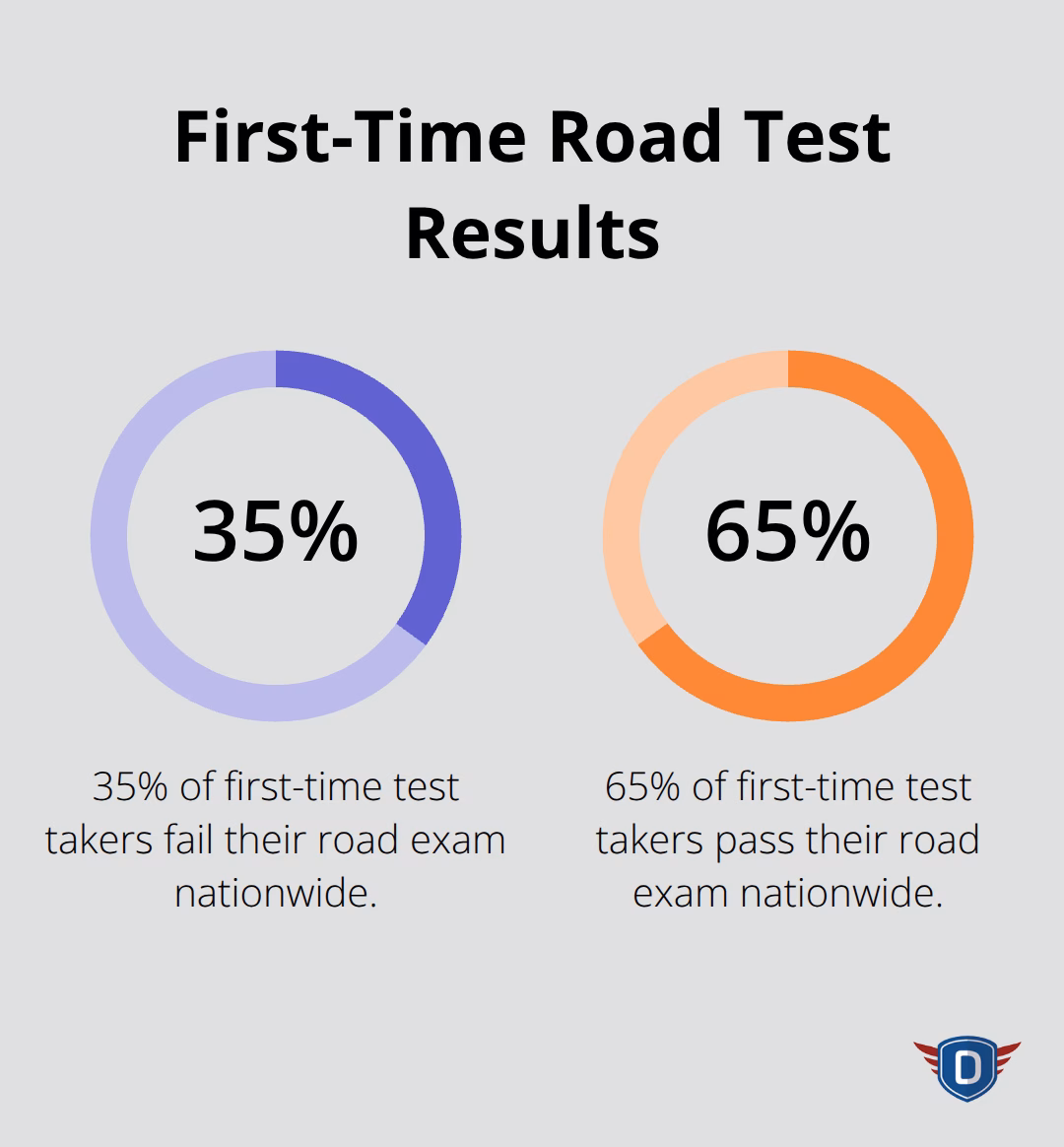 Pie chart showing 35% of first-time test takers fail their road exam - how to pass road test