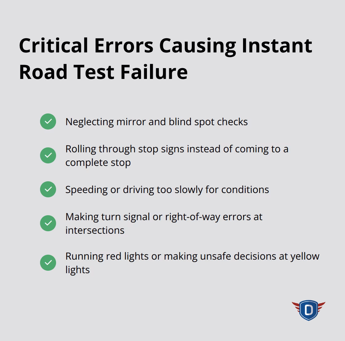 Checkmark list of common mistakes that lead to automatic road test failure