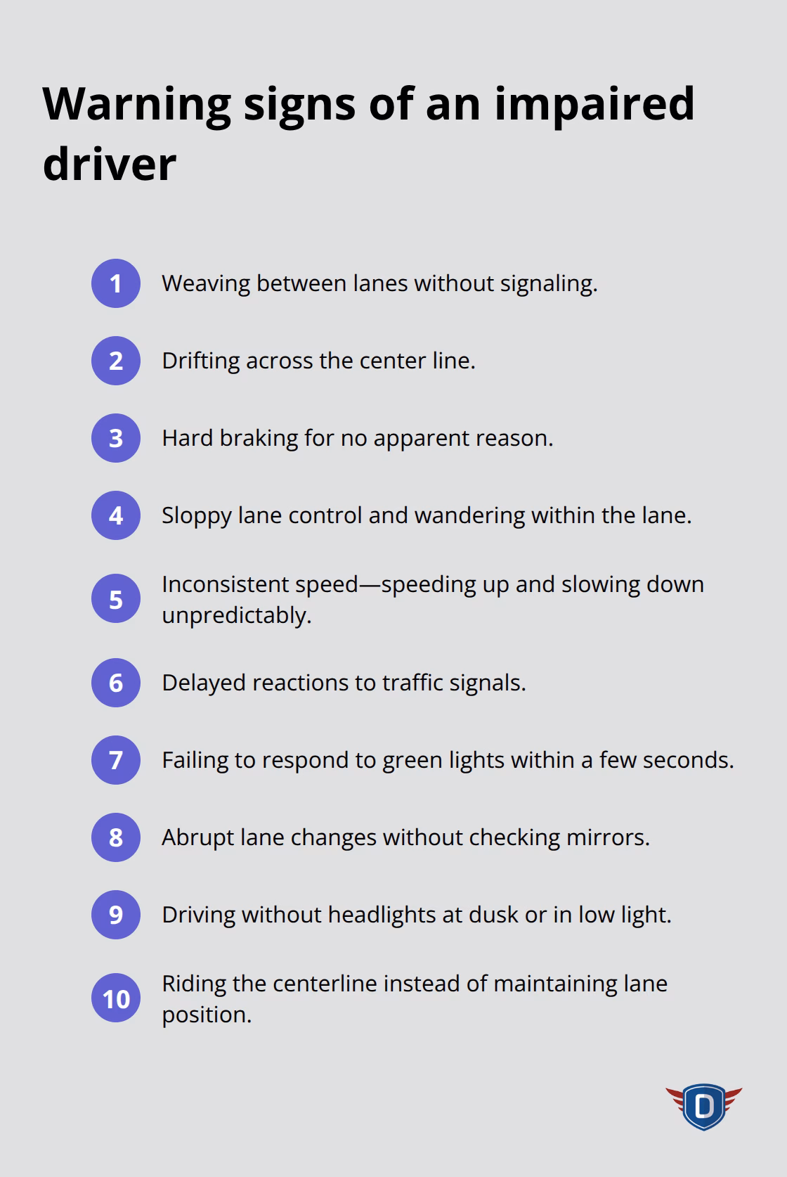 Compact checklist of common impairment cues on the road