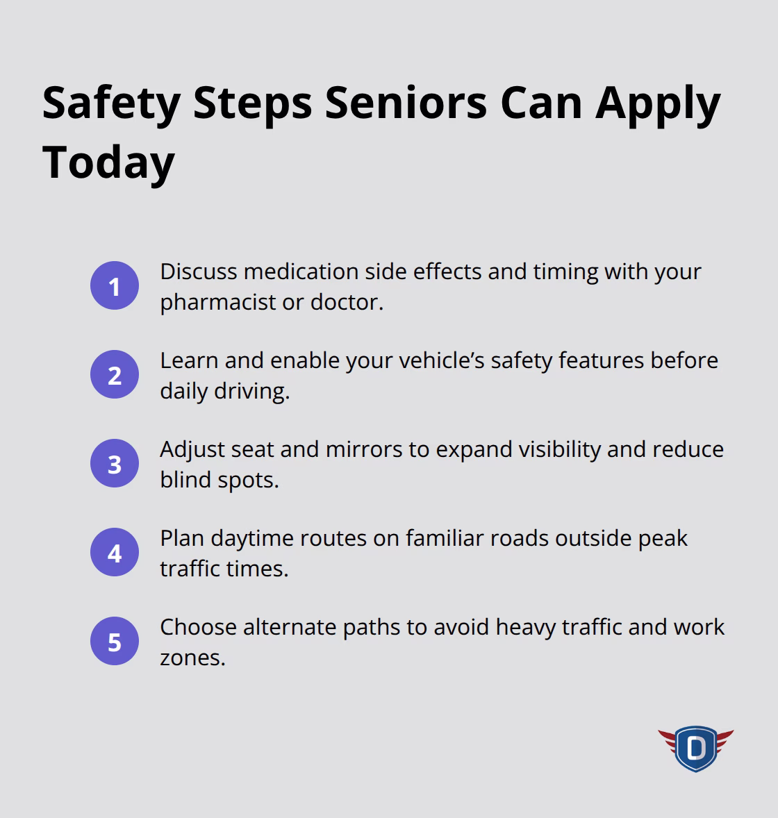 Compact checklist of practical driving safety steps for seniors.