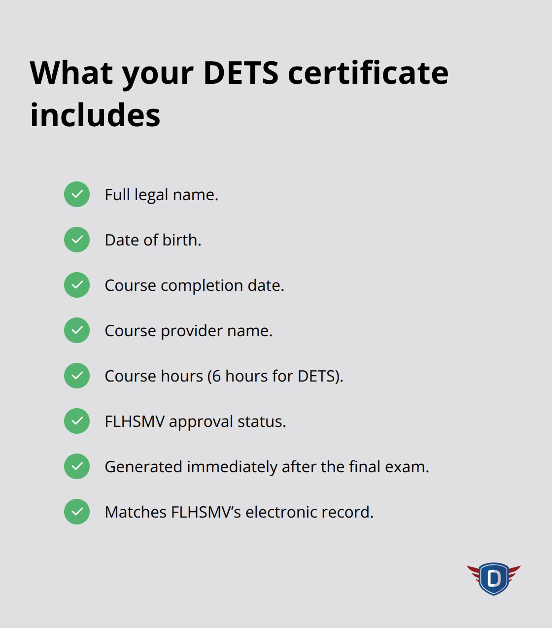 Checklist of DETS certificate fields and attributes that match FLHSMV records. - instant certificate Florida